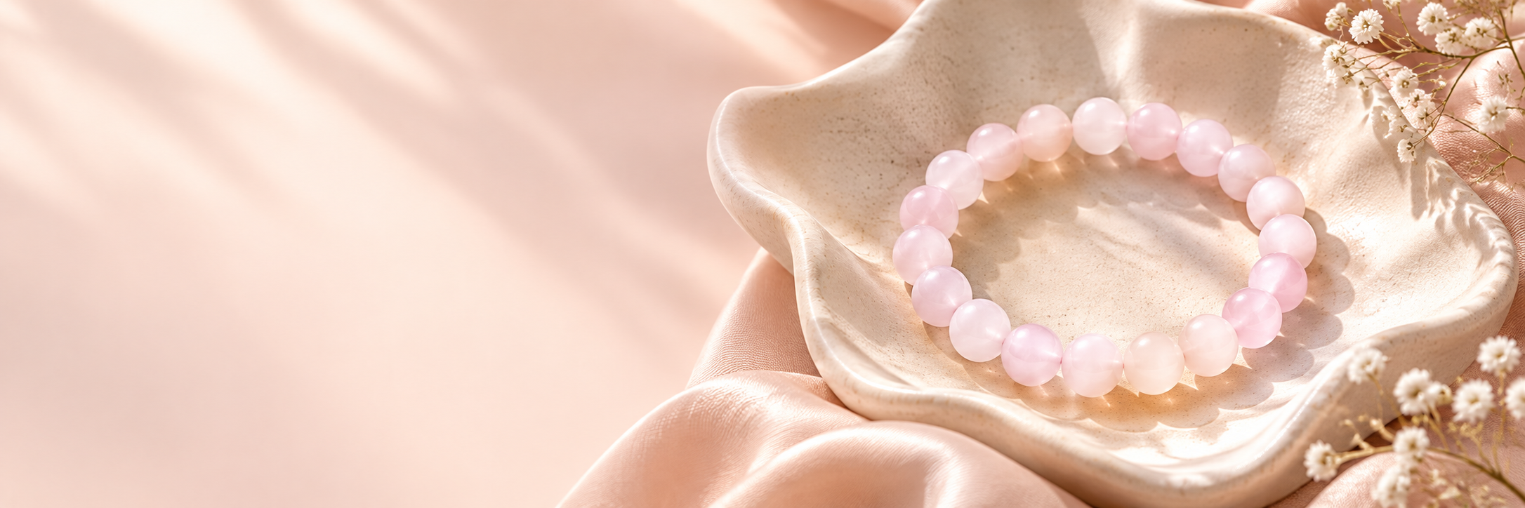 Rose quartz bracelet on cream ceramic and soft blush fabric