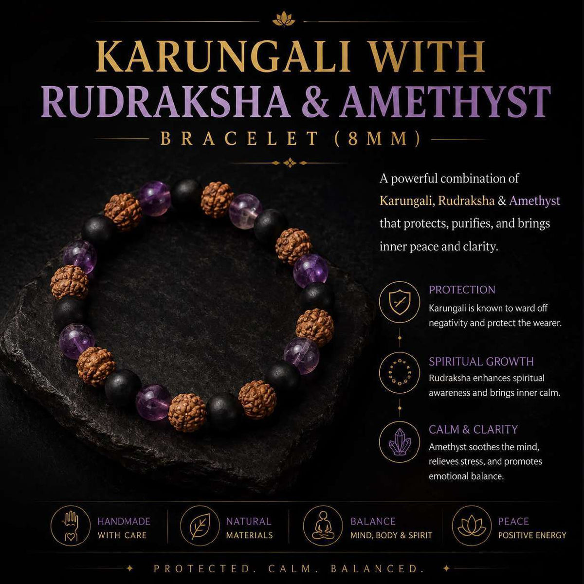 Karungali with Rudraksha & Amethyst Bracelet