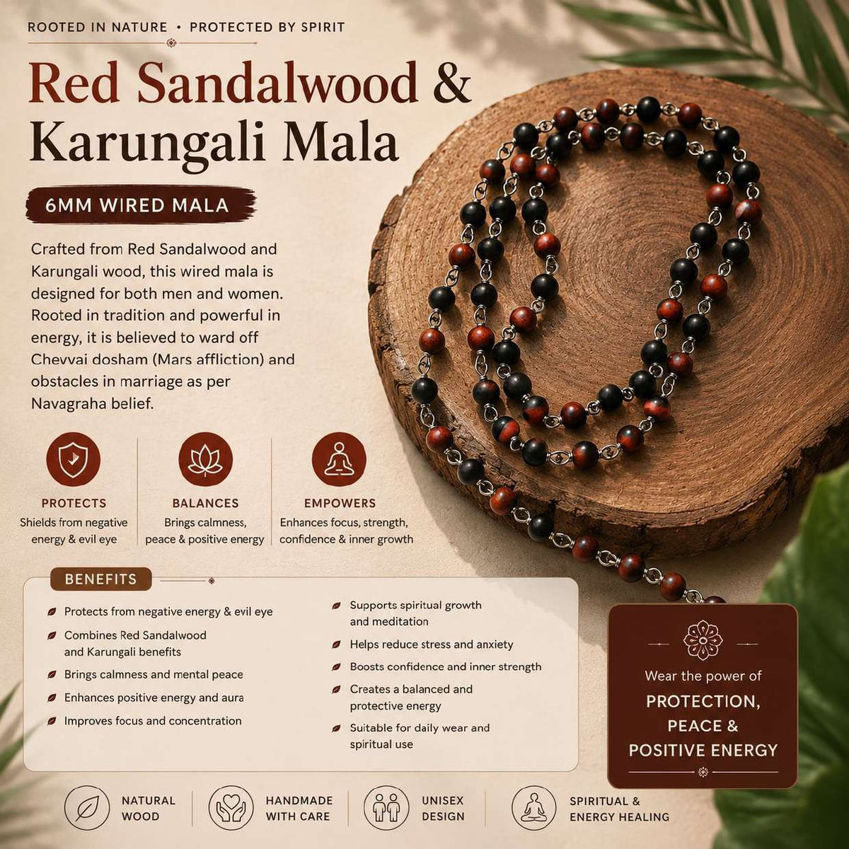 Red Sandalwood & Karungali Metal Wire Mala